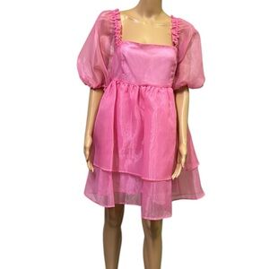 Chelsea & Violet Pink Organza Short Puff Sleeve Babydoll Mini Dress Womens XL